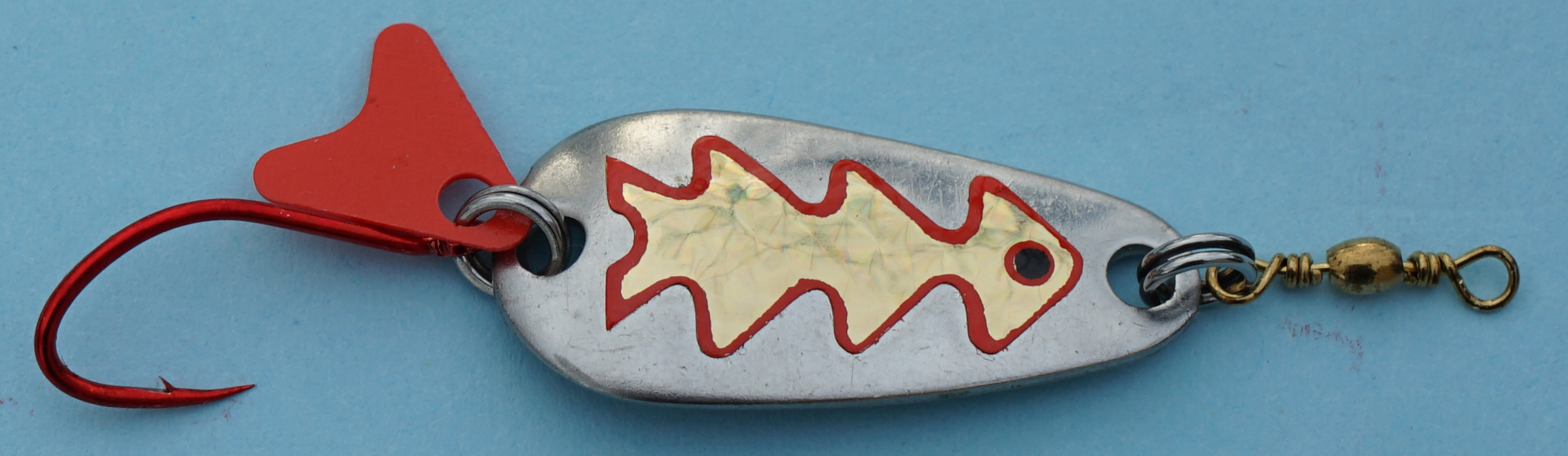 Profi-Spoon aus V2A-Edelstahl mit roten Einzelhaken / Silber mit Reflex-Folie / Gold-Metallic-Dekor / Größe A / 5g / 35mm