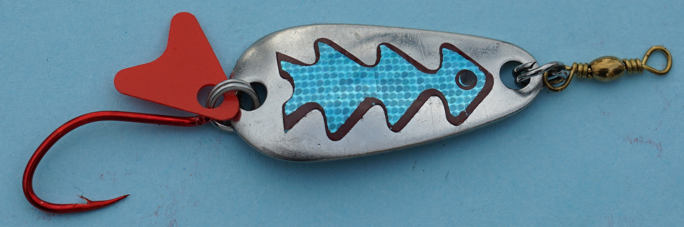 Profi-Spoon aus V2A-Edelstahl mit roten Einzelhaken / Silber mit Reflex-Folie / Blau-Metallic-Dekor / Größe A / 5g / 35mm
