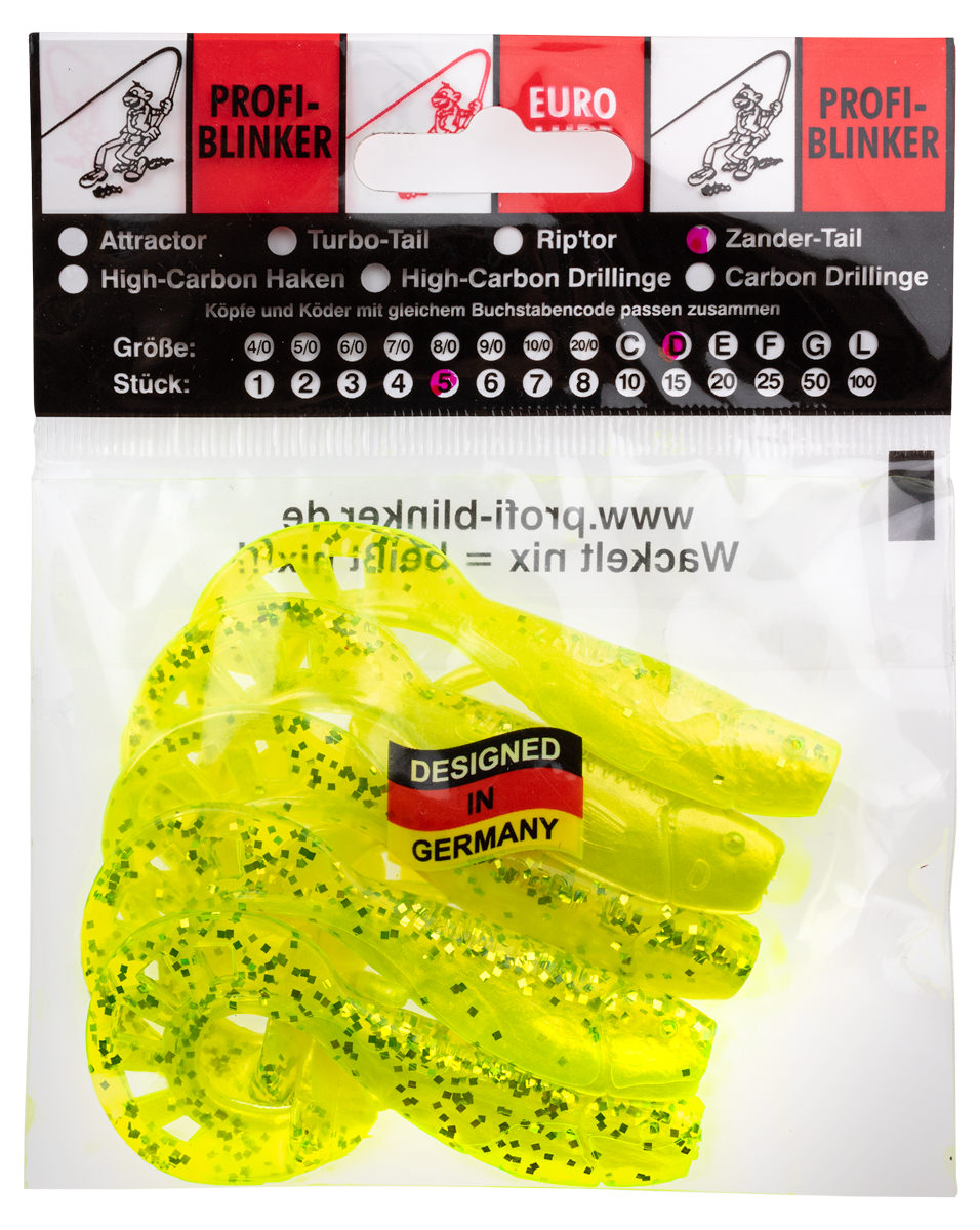 ProfiBlinker Zandertail Größe D 10cm Fluo-Grün / Grün-Metallic / 5er Pack 