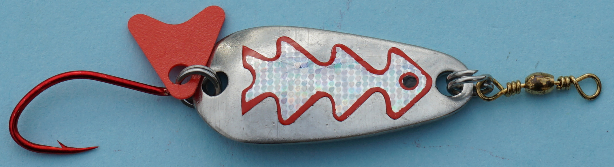 Profi-Spoon aus V2A-Edelstahl mit roten Einzelhaken / Silber mit Reflex-Folie / Silber-Metallic-Dekor / Größe A / 5g / 35mm